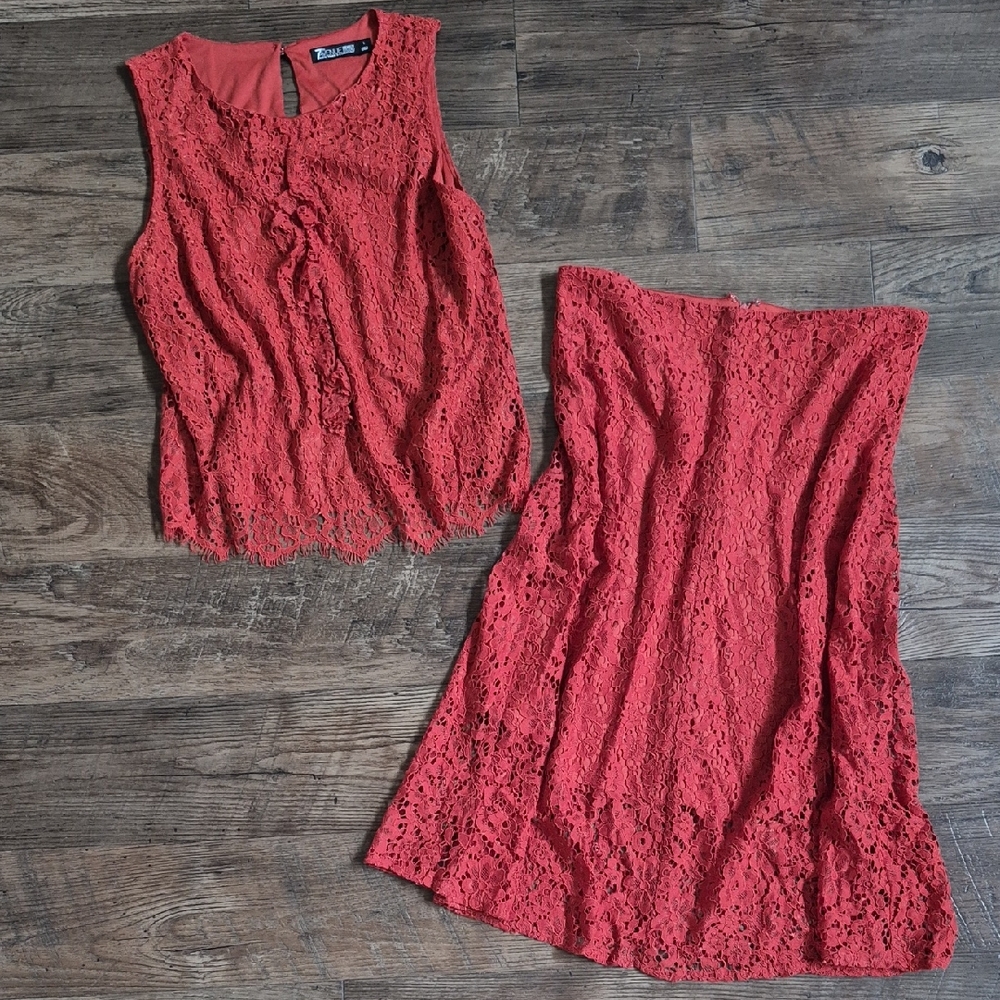 NY&Co Terracotta All Lace Top & Skirt Set